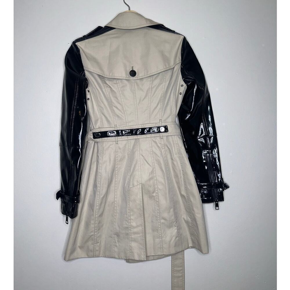 Burberry Patent Leather Sleeve Gabardine Trench Coat Black Tan US 4 - Picture 8 of 12